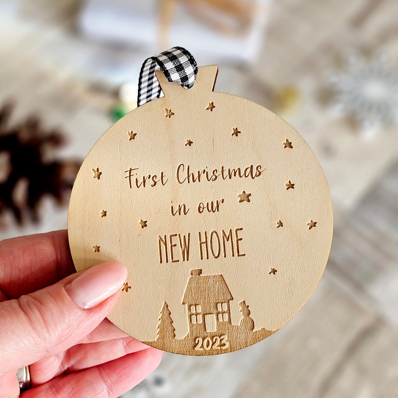 First Christmas in New Home Wooden Bauble Personalised Housewarming Gift Wooden First Home Christmas Ornament image 4