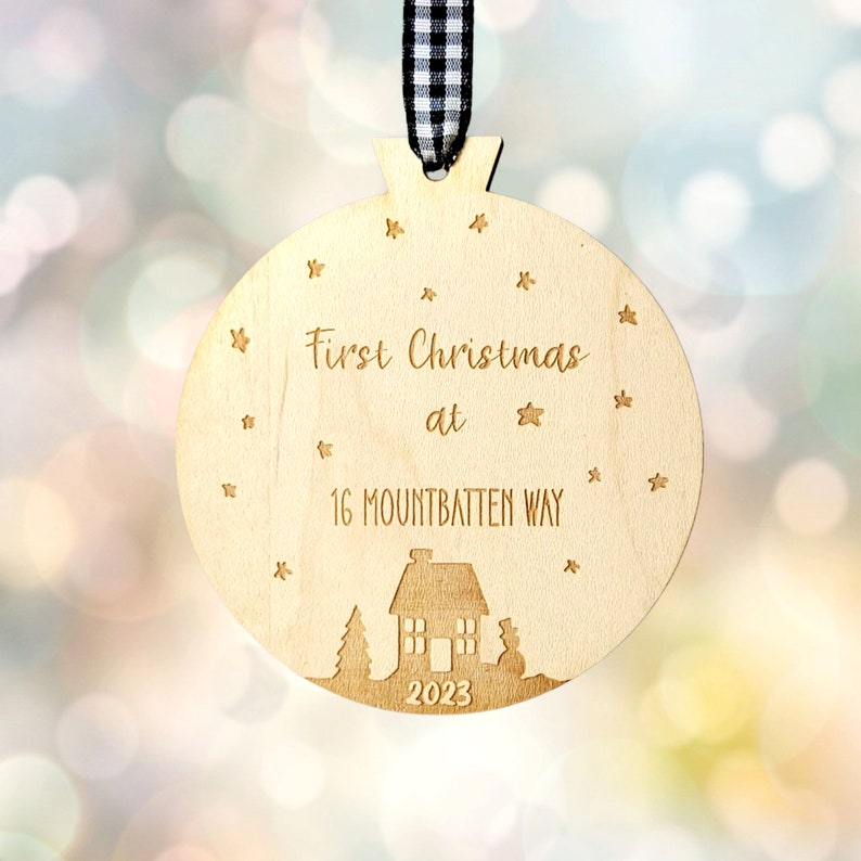First Christmas in New Home Wooden Bauble Personalised Housewarming Gift Wooden First Home Christmas Ornament image 1