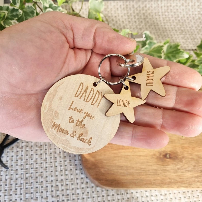 To the Moon and Back Keyring, Wooden Keyring, Personalised Keyring, Keepsake Gift, Valentines Anniversary Birthday Gift, Gifts for Him/Her image 1