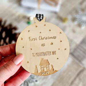 First Christmas in New Home Wooden Bauble Personalised Housewarming Gift Wooden First Home Christmas Ornament image 2