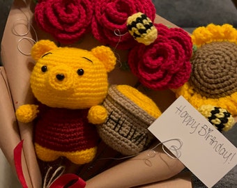Crochet Bear Yellow & 3 Bees Bouquet