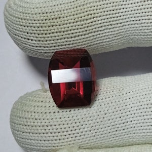 May include: A deep red gemstone with a rectangular shape and a silver-coloured band across the centre.
