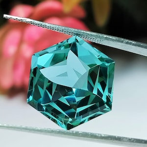 Lab Aquamarine Gemstone: AAA Hexagon Cut, 8 Ct (12.3mm)