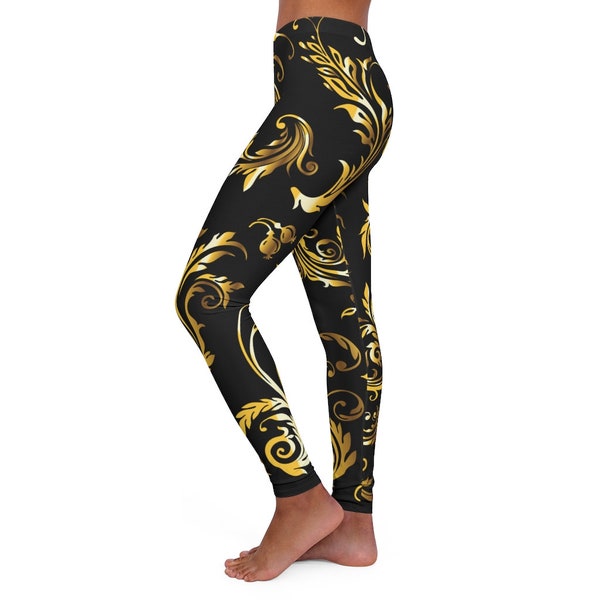 Leggings pour femmes - Imprimé luxe feuille d'or noir, Leggings de yoga, Motif de leggings personnalisé, Leggings femme, Cadeau personnalisé pour maman