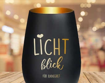 Windlicht *Lichtblick* für Hoffnung und Zuversicht mit persönlicher Gravur in schwarz/gold oder weiß/gold