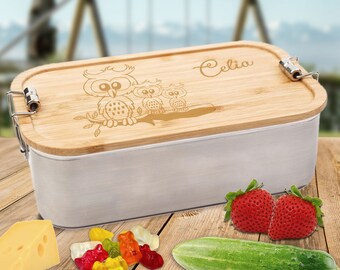 Lunch Box | personalisierte Brotdose Eule mit deinem Namen graviert, Schulanfangsgeschenk, Geburtstagsgeschenk