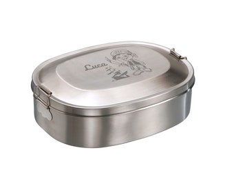 Lunch box / stainless steel tin with pirates and name engraving