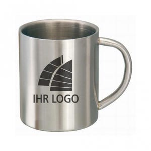 Könnte beinhalten: Ein Edelstahlbecher mit gebogenem Griff. Der Becher hat eine zylindrische Form und zeigt ein schwarzes Logo mit dem Text "IHR LOGO" auf der Seite. Der Becher ist für Getränke konzipiert.