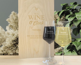 Wine gift set with two glasses in wooden box IT'S WINE O'CLOCK