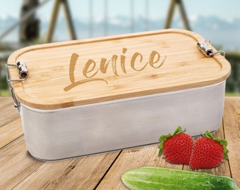 Lunch box personalizzato con nome | Contenitore per il pranzo in acciaio inossidabile e bambù