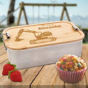 Lunch Box Digger Nursery | personalized lunch box made of stainless steel and bamboo lid with excavator motif for children