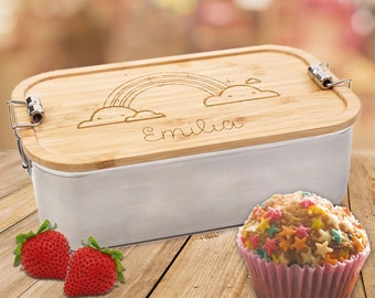 rainbow lunch box | Lunch box with bamboo lid engraved with desired name, perfect for Easter or back to school