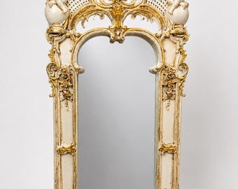 Dollhouse Miniature Baroque Mirror, Rococo Cherub Wall Mirror, Antique Ivory Gold, 1:12 Palace Decor