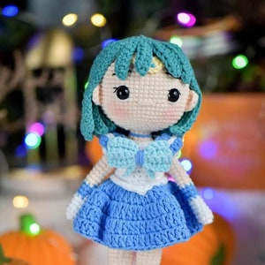 PDF File doll Amigurumi doll pattern crochet - Blue Dress Amigurumi doll in English (US terms)