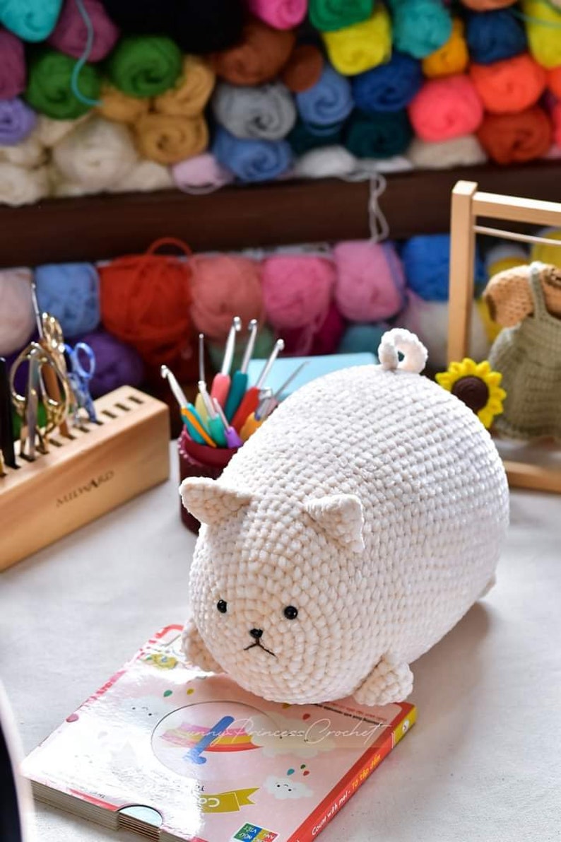 May include: A white crocheted plush toy shaped like a cat with black eyes. The toy is sitting on a book with a rainbow design and the text "Cray Princess Crochet".