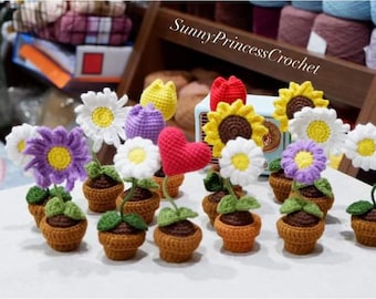 Archivo PDF 5 en 1: Mini maceta de crochet, Patrón de maceta de flores de crochet, Maceta, Flores de punto, Mini margarita de crochet, Mini tulipán de crochet
