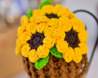 8 petal Sunflower Crochet Pattern,   Crochet Flower Pot Pattern, Sunflower Basket hanging plant, crochet hangers