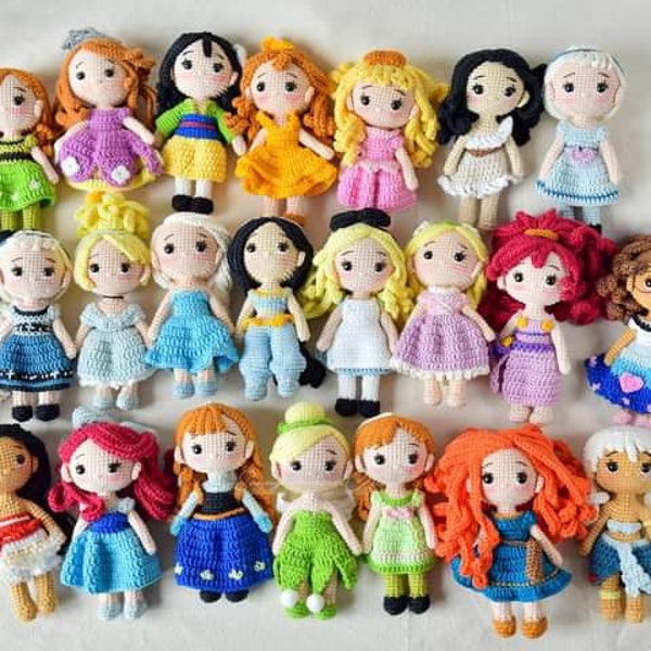 Lot de 24 fichiers PDF, modèle de poupée Amigurumi au crochet, poupée princesse Amigurumi en anglais (termes américains)