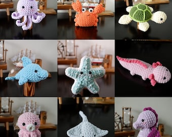 Bundel 9 gehaakte zeedieren amigurumi patroon krab, dolfijn, kwallen, octopus, zeepaardje, pijlstaartrog, schildpad - instant download - alleen Engels