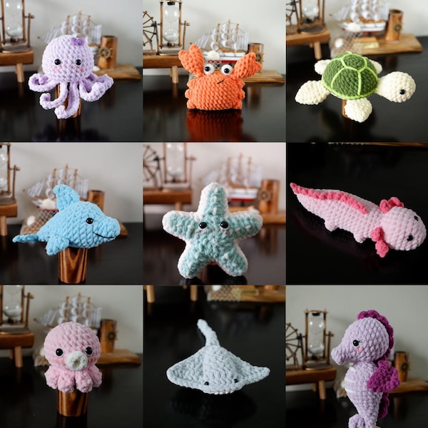 Bundle 9 crochet Sea Animal Amigurumi Pattern Crab, Dolphin,jellyfish, Octopus, Seahorse, Stingray, Turtle - instant download - English only