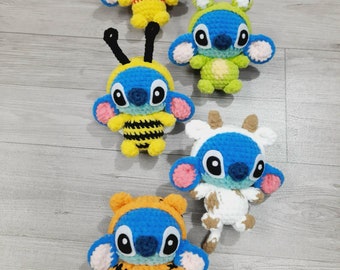 5in1 PDF File Amigurumi Stitch Cosplay Frog, Cow, Pooh, Tiger and Bee pattern crochet Stitch Amigurumi in English (US terms)