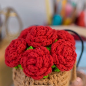 Red Rose Basket Car Hangers Crochet Pattern,   Crochet Flower Pot Pattern, crochet Rose hanging plant, crochet hangers