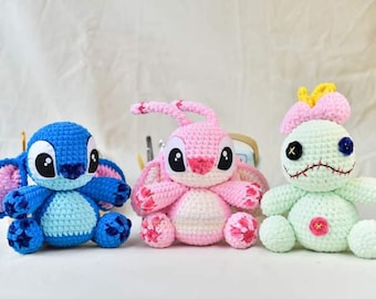 Lot de fichiers PDF 3 en 1 Amigurumi Stitch, motif ange et Scrump au crochet Stitch Amigurumi en anglais (termes américains)