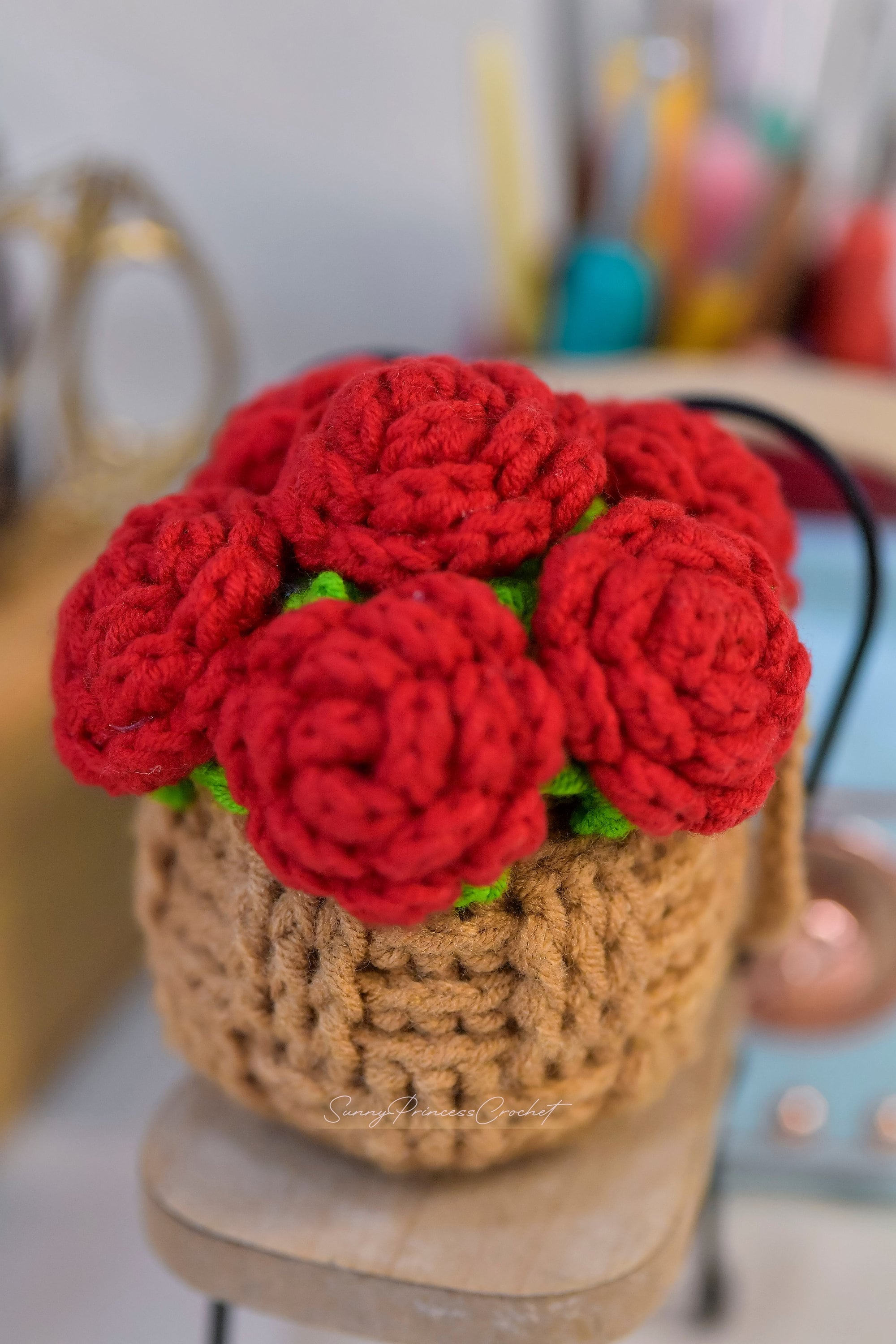 Red Rose Basket Car Hangers Crochet Pattern, Crochet Flower Pot