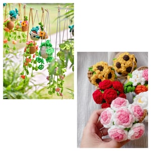 Set 11 PDF File Car Hangers Crochet Pattern,  Crochet Succulent Pot Pattern, crochet monstera, flower Hangers, Sunflower Rose Daisy Hanger