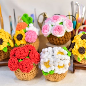 6in1 PDF ファイル カーハンガー かぎ針編みパターン、かぎ針編みフラワーポットパターン、かぎ針編みデイジー、ひまわりバラ吊り下げ植物、かぎ針編みハンガー