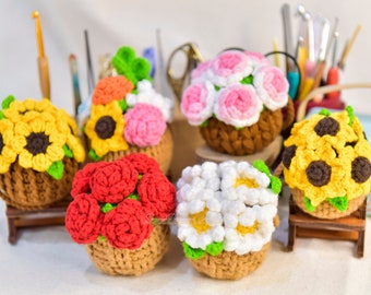 6in1 PDF File Car Hangers Crochet Pattern,   Crochet Flower Pot Pattern, crochet Daisy, Sunflower Rose hanging plant, crochet hangers