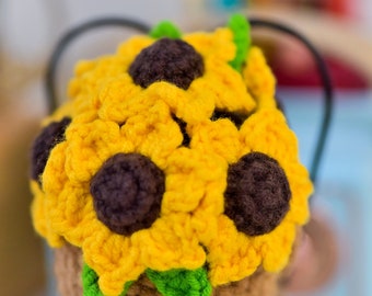 6 petal sunflower Car Hangers Crochet Pattern,   Crochet Flower Pot Pattern, crochet Sunflower hanging plant, crochet hangers