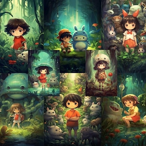 Puede incluir: Una ilustración digital en forma de collage de nueve imágenes que representan niños y criaturas fantásticas en un entorno de bosque verde exuberante. Las imágenes muestran una variedad de escenas, incluyendo una niña con un pájaro azul, una niña con un gato, una niña con un conejo, una niña con un perro, una niña con un oso, una niña con un zorro, una niña con un ciervo, una niña con un lobo y una niña con un unicornio.