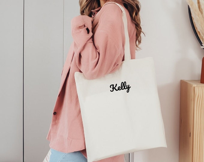 embroidered tote bag, custom name embroidered tote bag, canvas tote bag with name, embroidered canvas tote