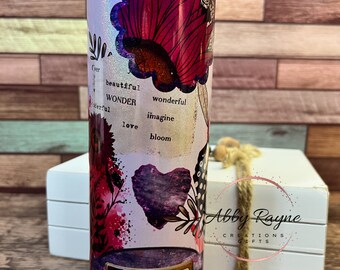 Purple Shimmer Floral 20 OZ Skinny Travel Tumbler, Insulated Pretty Aesthetic Coffee Mug, Gift for Women, Teacher