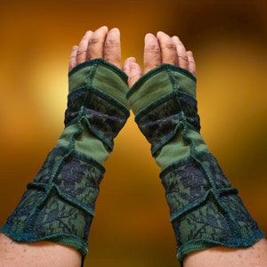 Wrist Warmers Elf Organic Cotton Cuffs with Lace Shades of Green by Bayba Hit
