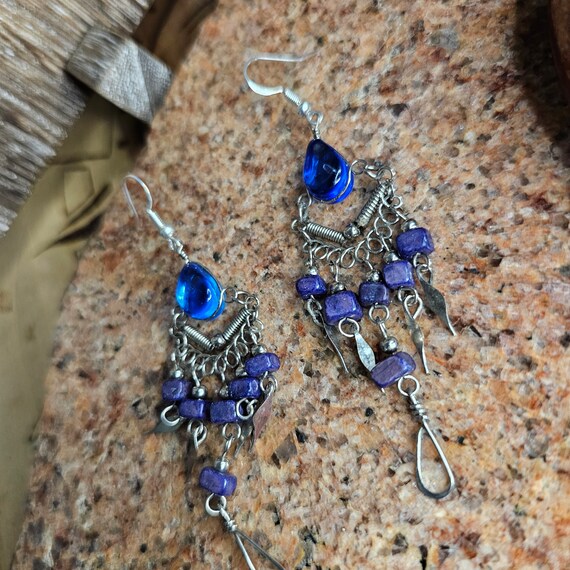 Vintage Peruvian silver wire work earrings blue a… - image 2