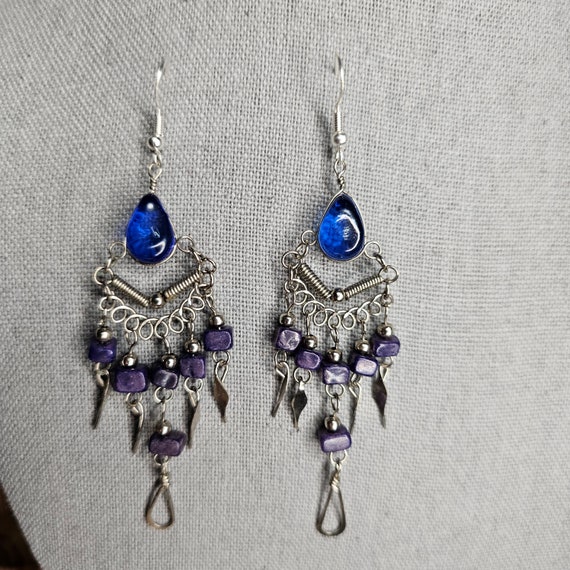 Vintage Peruvian silver wire work earrings blue a… - image 7