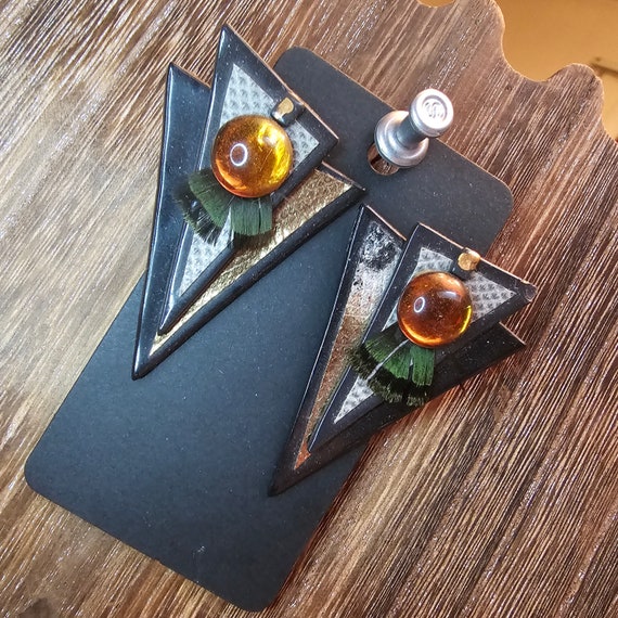 Vintage handmade geometric earrings with butterfl… - image 1