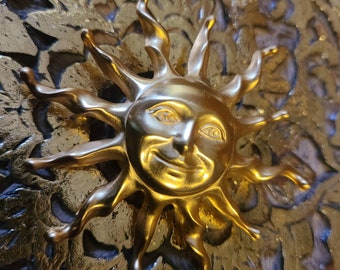 Vintage celestial sun whimsical large brooch / scarf pin Anne Klein matte gold 1980s