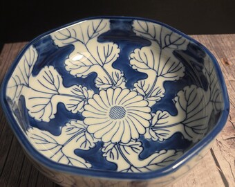 Otagiri OMC blue and white radish leaf octagon dish 1960s