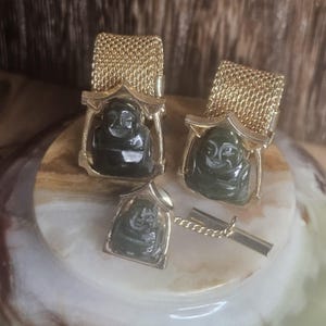 anson jade Buddha cufflinks and tie tack