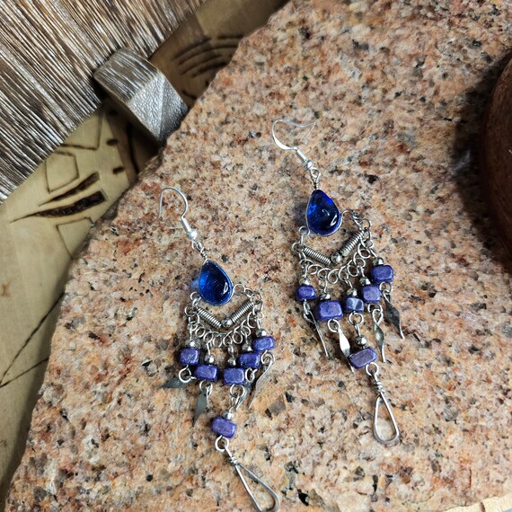 Vintage Peruvian silver wire work earrings blue a… - image 3