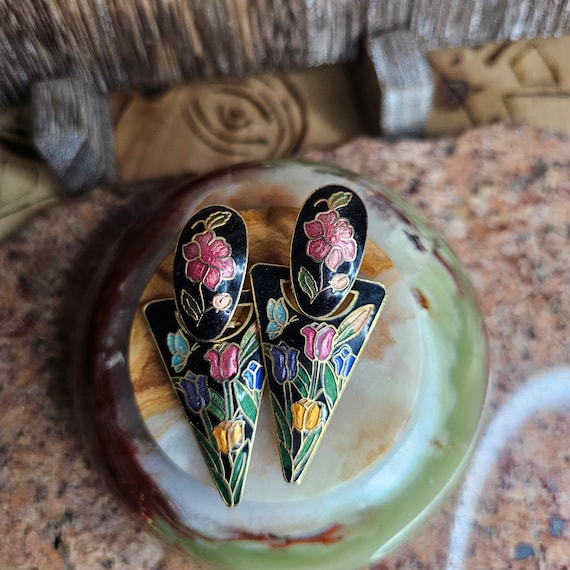 Rare cloisonné enamel tulip and butterfly earrings