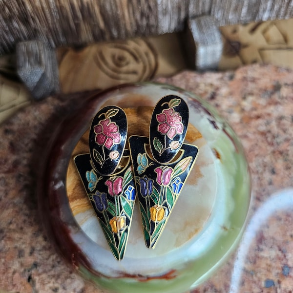 Rare cloisonné enamel tulip and butterfly earrings 1980s