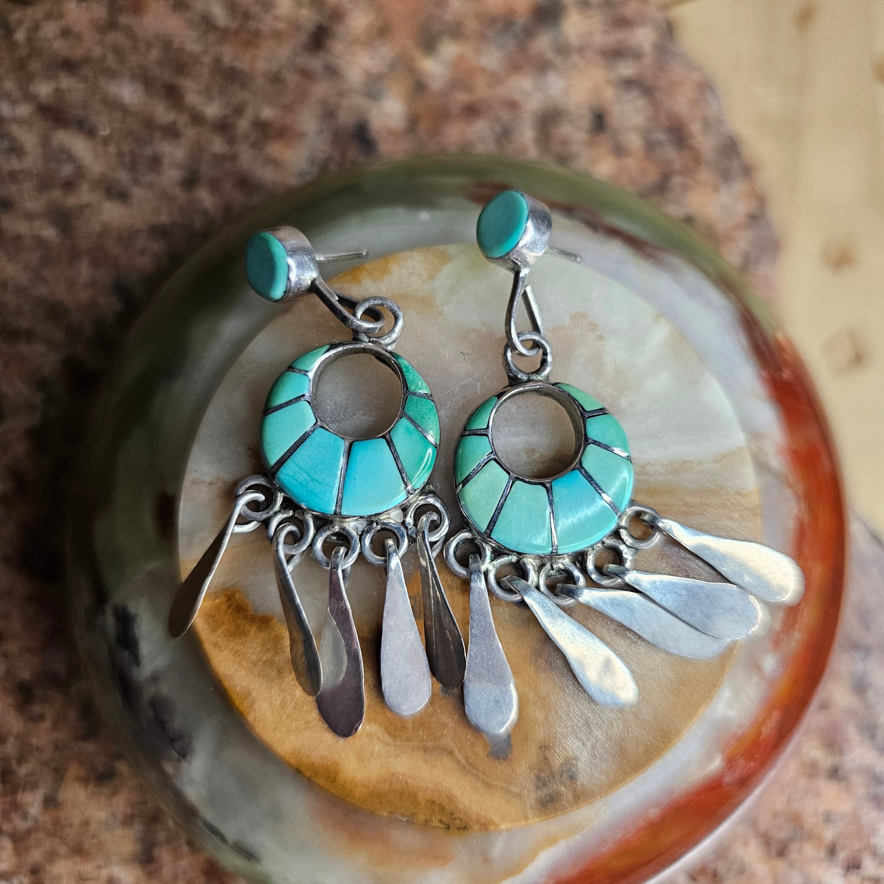 Vintage Zuni Turquoise & Sterling Channel Inlay Earrings by