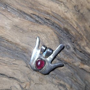 Sterling ASL sign language &quot;I love you&quot; pin with genuine garnet stone in palm.
