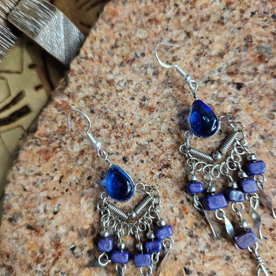 Vintage Peruvian silver wire work earrings blue a… - image 6