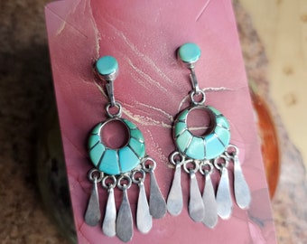 Vintage Zuni Turquoise & Sterling Channel Inlay Earrings by