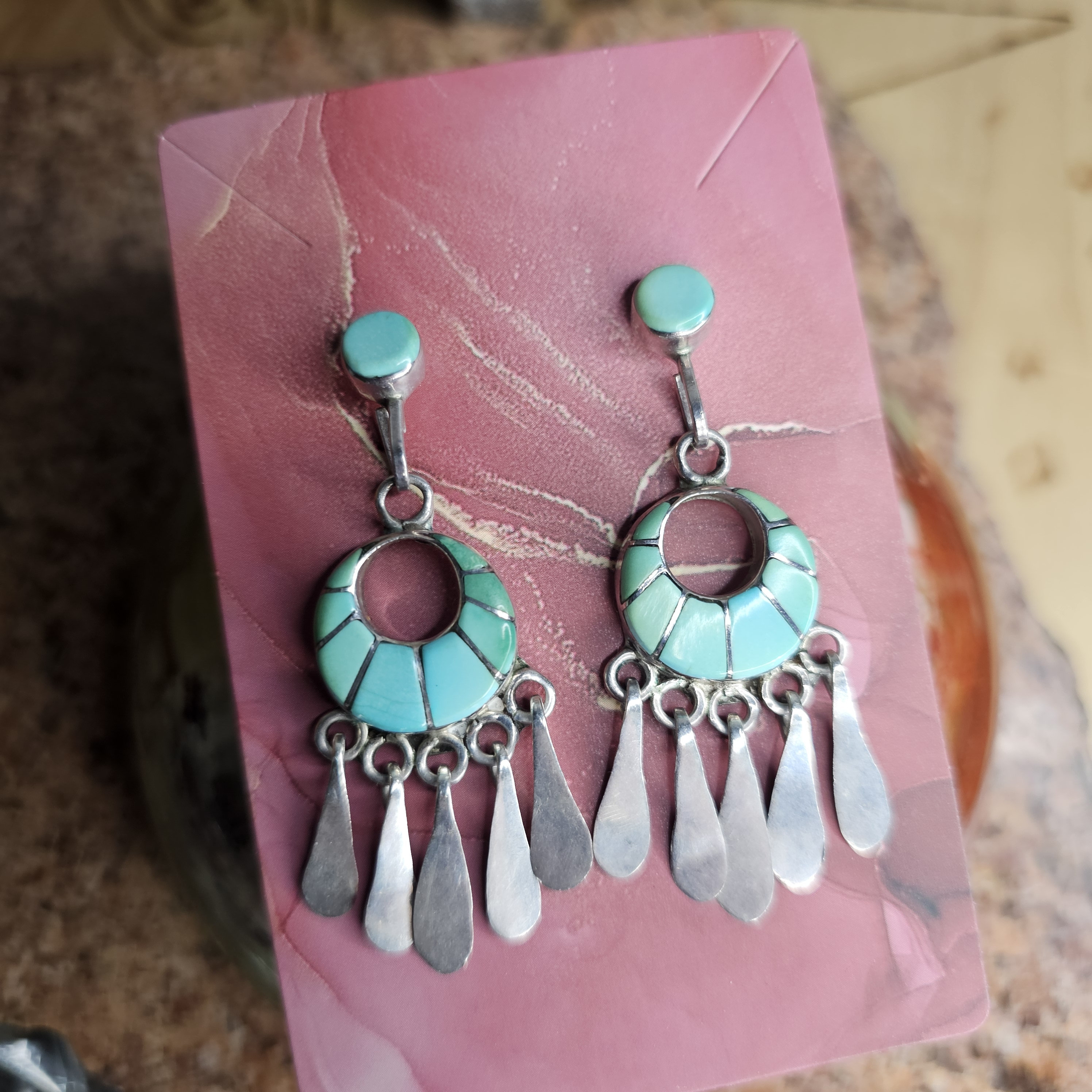 Vintage Zuni Turquoise & Sterling Channel Inlay Earrings by